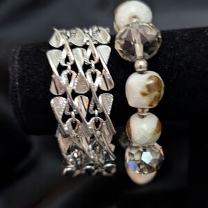 #83.White & Brown Stretch Swirl Marble Stone & Glass Bracelet & Silver Bracelet